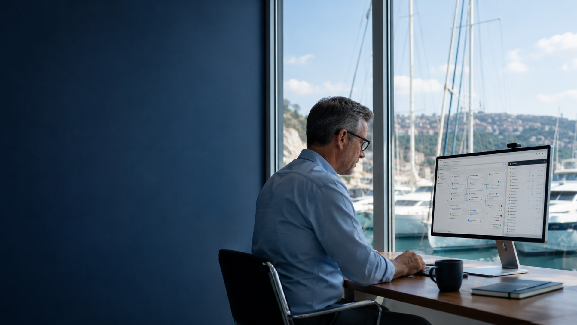 Enquiry pipeline and email automation on screen in a harbourside office