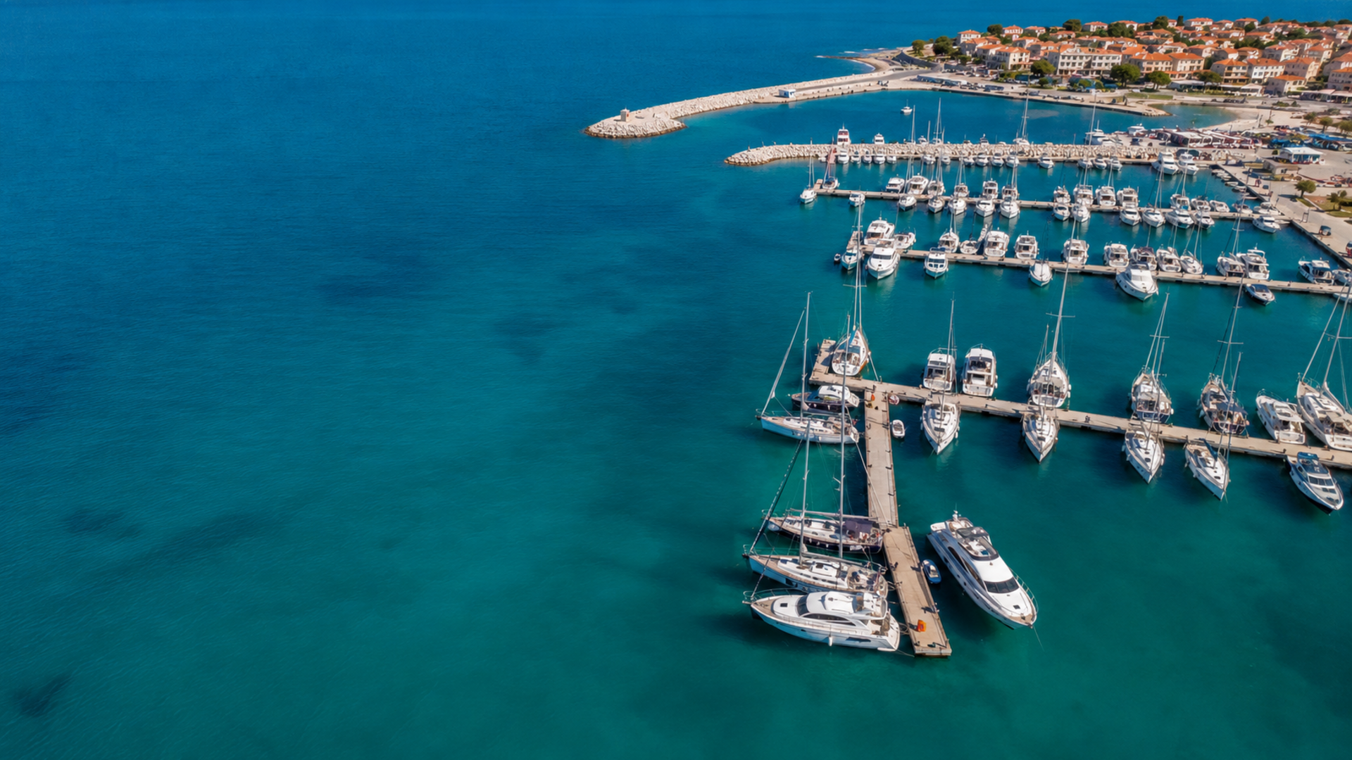 Marina website design aerial view of a Mediterranean harbour used to orient boat owners searching for a berth