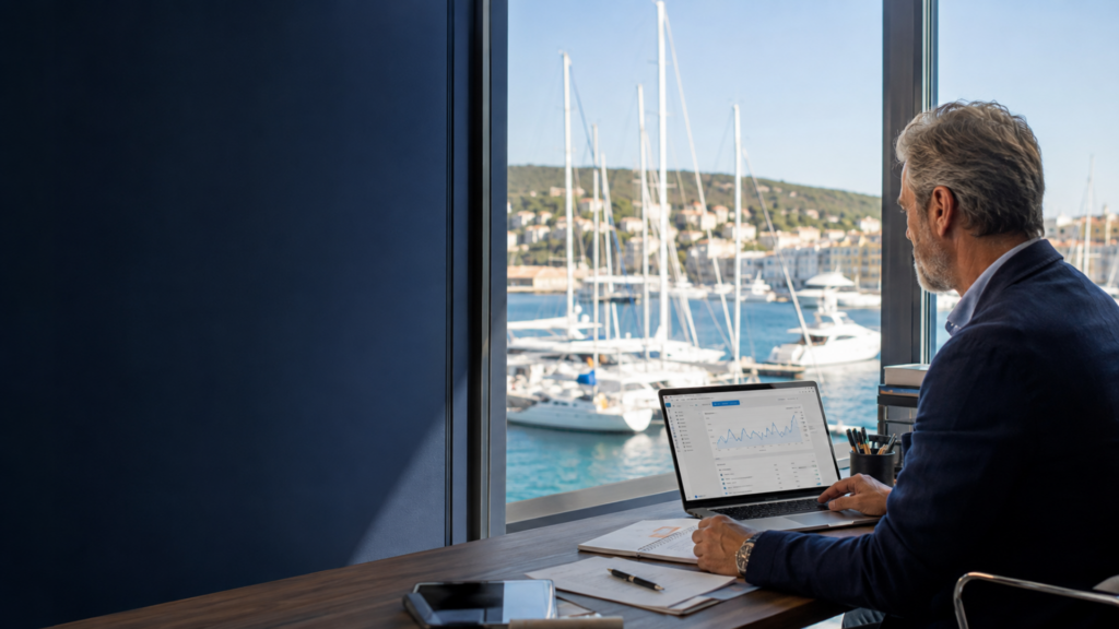 SEO for marinas berth availability page shown on screen above a harbour