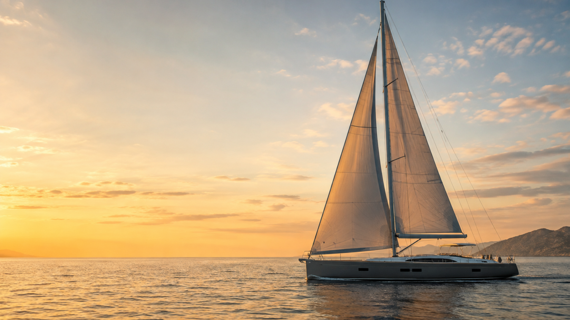Yacht charter company website design showing a sunset sailing scene used to sell the direct booking experience
