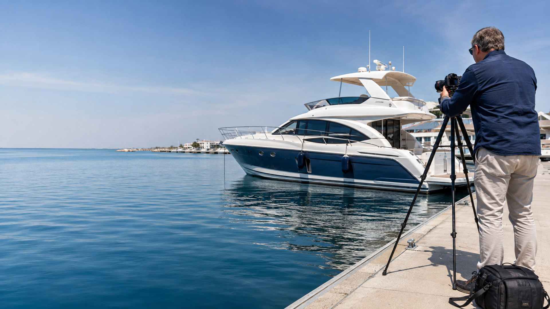Broker photographing a yacht at the dock for a listing website